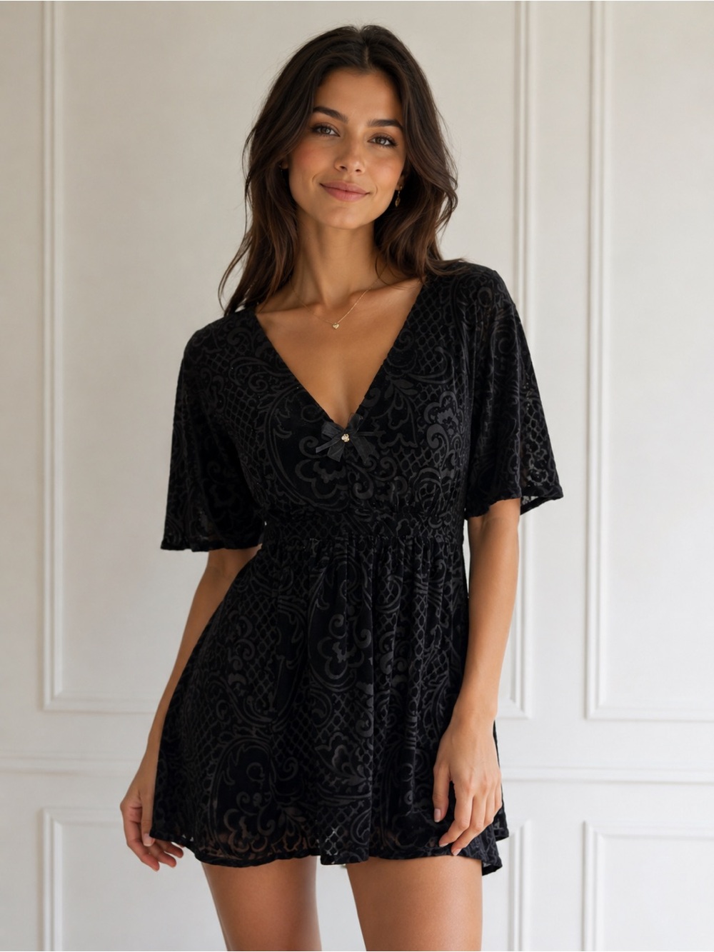 Soma Black Velvet Damask Burnout V-Neck Babydoll Loungewear Top Size XS